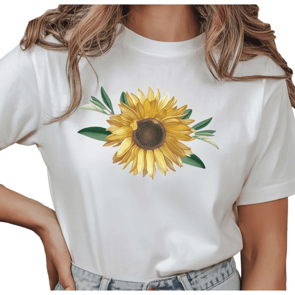 Women's Sunflower With Green Leaves Botanical Floral Art Graphic Comfortable T Shirt Short Sleeve Round Neck Top White S-5XL
