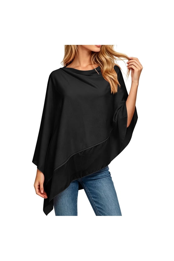 Women's Sunscreen Shawl Loose Solid Batwing Sheer Chiffon Caftan Wrap Poncho Tunic Top Topper Black Free size