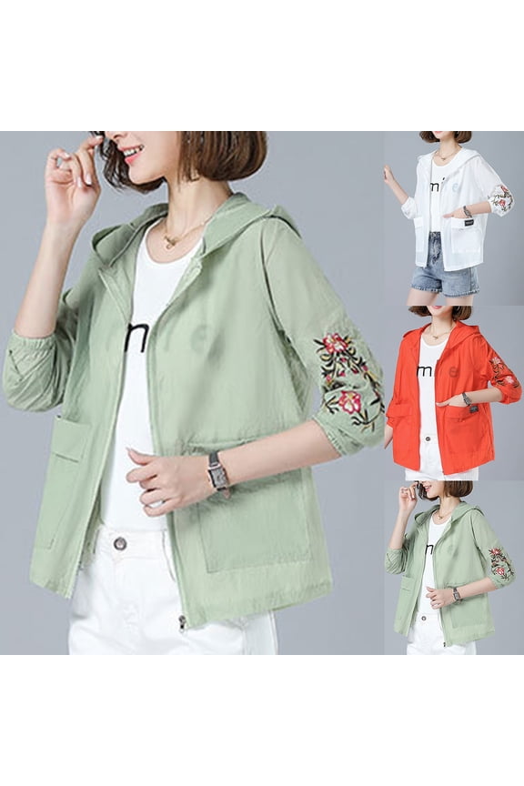 Women's Sunscreen Suit with Pocket Embroidery Zipper Long Sleeved Hooded Jacket Outwear Casual Fashion Sun Protection Top for Summer | CSEONE,Green L
