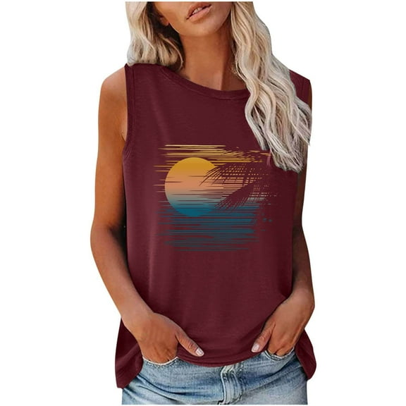 Women's Sunset Coconut Palm Tank Tops Summer Hawaiian Beach Graphic Sleeveless Crew Neck Shirt Casual Loose Tanks Vest