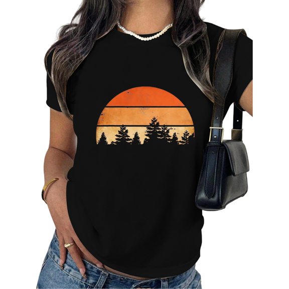 Women's Sunset Forest Graphic Comfortable T Shirt Casual Cotton Short Sleeve Round Neck Top Black S-5XL