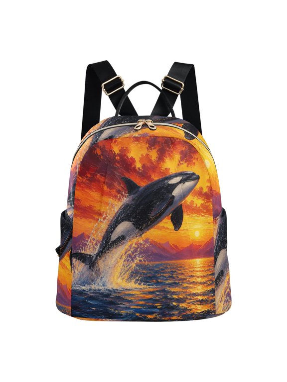 Women's Sunset Ocean Orca Painting Backpack 16L, Water Resistant Anti-theft Casual Daypack, Lightweight Shoulder Bag for Travel Work Daily Commute