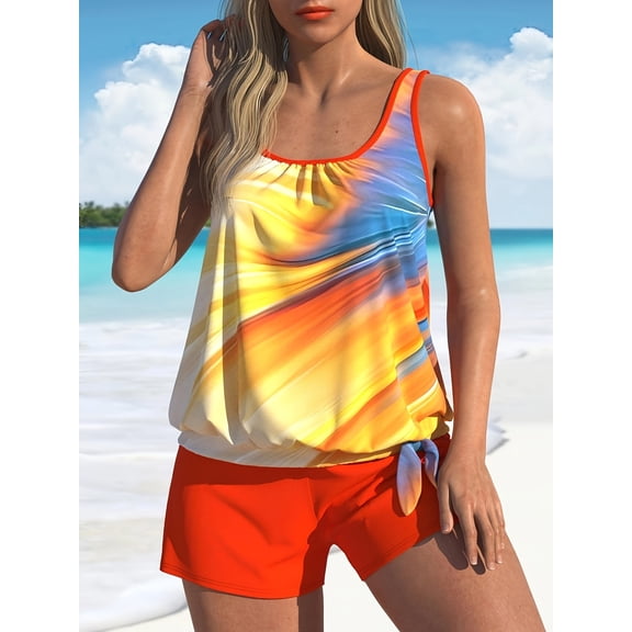 Women's Sunset Print Blouson Tankini Top & Solid Shorts Bottom 2-Piece Set