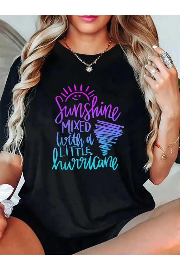 Women's Sunshine Mixed With A Little Hurricane Graphic T-Shirt Funny Sassy Retro Summer Casual Short Sleeve Black Tee