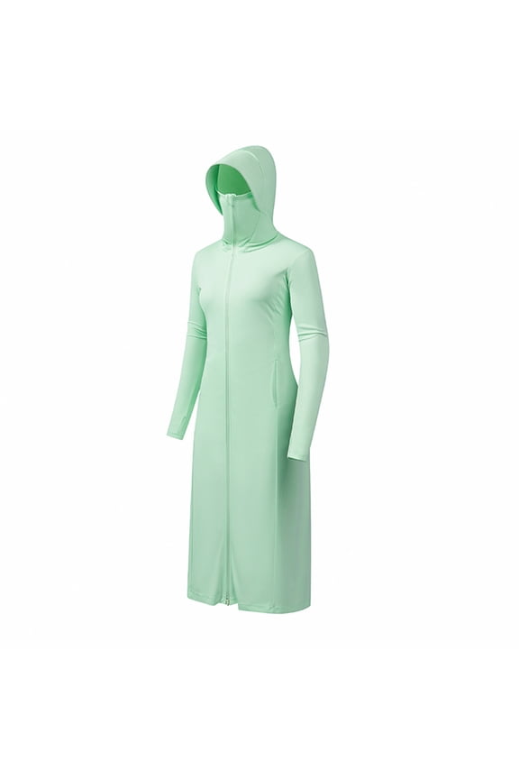 Women's Sunshirt Long Jacket with Hood UV-Protection Full Zip Up Mid Length Full Sleeve Sun Shirt Cover Up (M, Green)