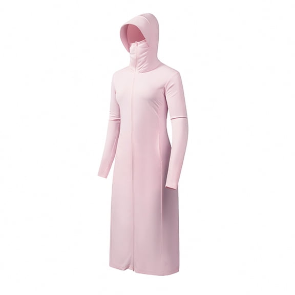 Women's Sunshirt Long Jacket with Hood UV-Protection Full Zip Up Mid Length Full Sleeve Sun Shirt Cover Up (XL, Pink)