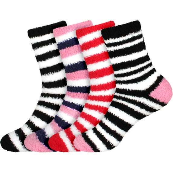 Women's Super Fuzzy Crazy Colorful Fun Cute Cozy Striped Socks - 4 Pairs - Assortment S0-3