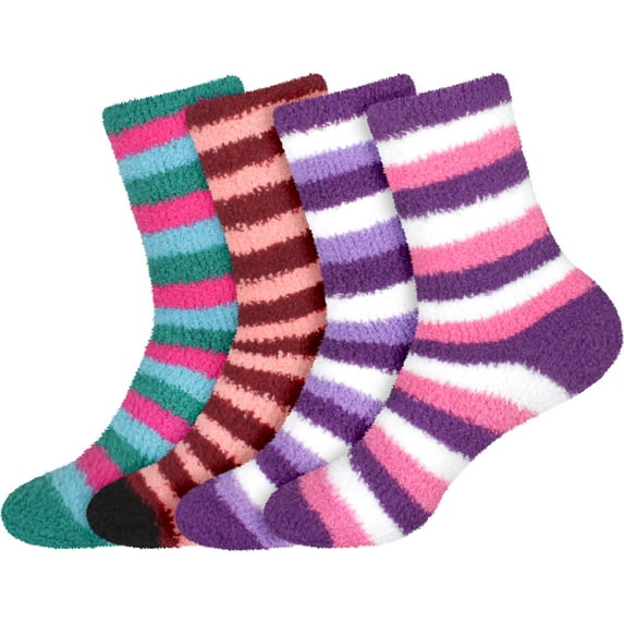 Women's Super Fuzzy Crazy Colorful Fun Cute Cozy Striped Socks - 4 Pairs - Assortment S0-4