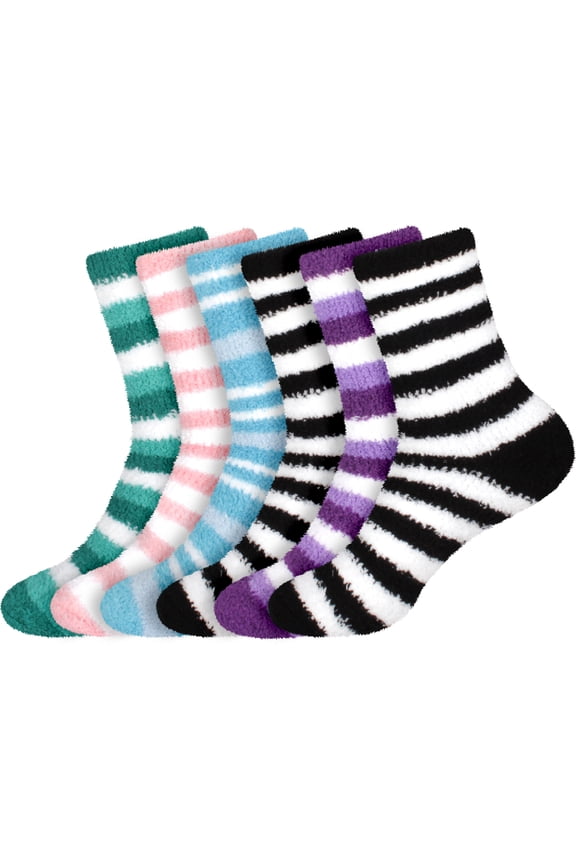 Women's Super Fuzzy Crazy Colorful Fun Cute Cozy Striped Socks - 6 Pairs - Assortment S1