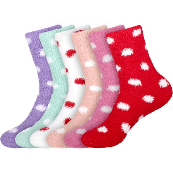 Women's Super Soft Warm Comfy Fuzzy Fluffy Plush Cozy Cute Polka Dots Socks - Assortment C - 6 Pairs