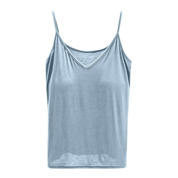 Women's Supersoft Casual and Fashionable Solid Color V-neck Top with Chest Pad Womens Camisoles Light Blue M