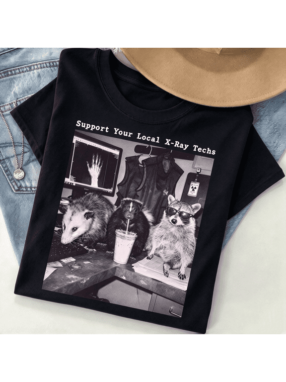 Women's Support Your Local X-Ray Techs Graphic T-Shirt, Funny Raccoon Possum Skunk Radiology Animal Tee, Casual Short Sleeve Crew Neck Top