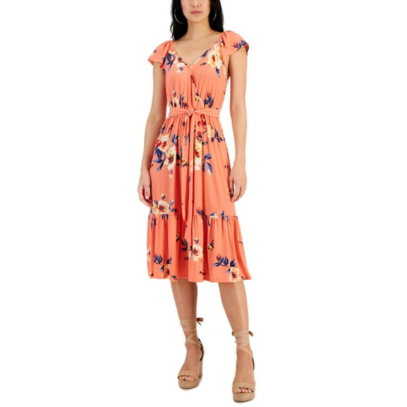 Women's Surplice Flutter-Sleeve Tiered Midi Dress Peach Floral XL