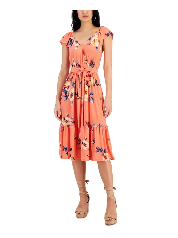 Women's Surplice Flutter-Sleeve Tiered Midi Dress Peach Floral XL