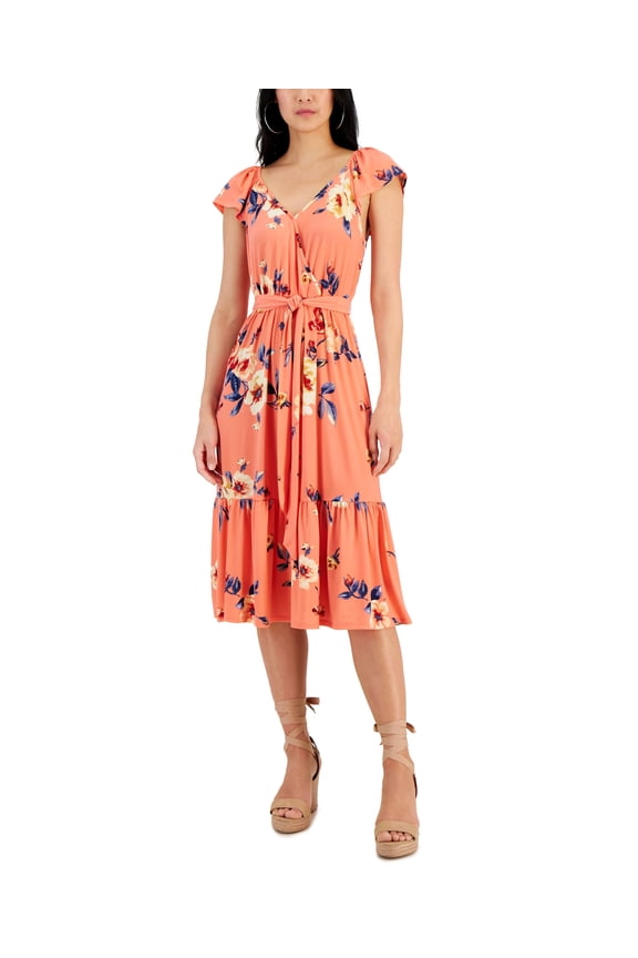 Women's Surplice Flutter-Sleeve Tiered Midi Dress Peach Floral XL