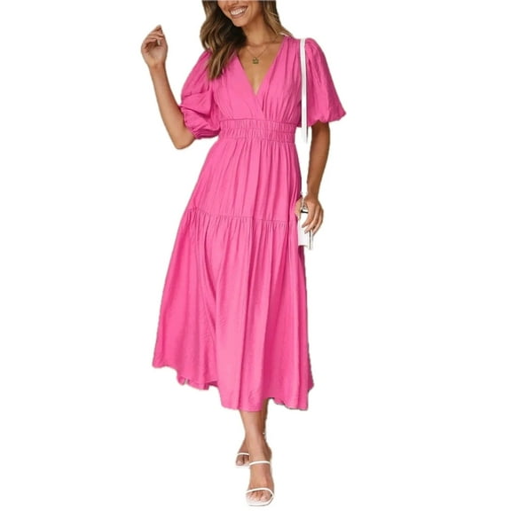 Women's Surplice Half Puff Sleeve Midi Dress with V Neckline and Empire Waist 100% Polyester Flowing Pink Fabric