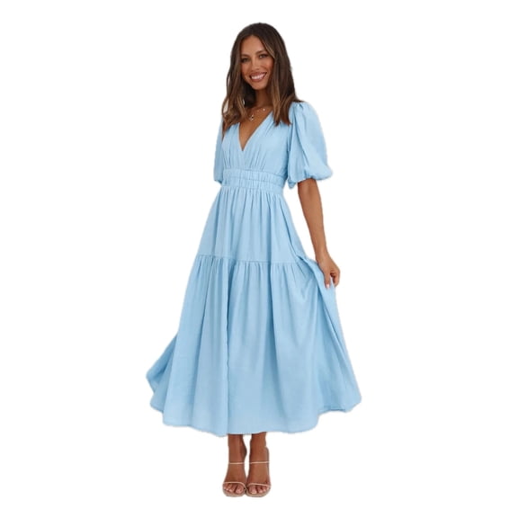 Women's Surplice Half Puff Sleeve Midi Dress with V Neckline and Empire Waist 100% Polyester Flowing Pink Fabric