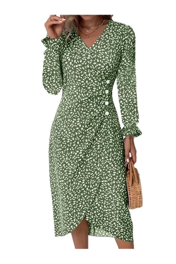 Women's Surplice Midi Dress with Long Sleeve Ruffled Sheer Details Decorative Button 100% Polyester for Everyday Wear