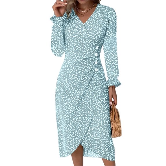 Women's Surplice Midi Dress with Long Sleeve Ruffled Sheer Details Decorative Button 100% Polyester for Everyday Wear