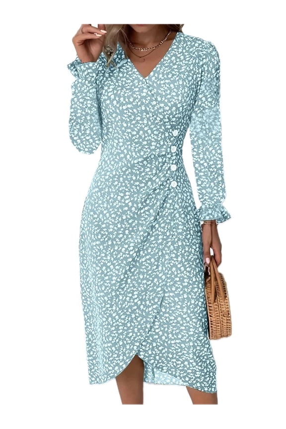 Women's Surplice Midi Dress with Long Sleeve Ruffled Sheer Details Decorative Button 100% Polyester for Everyday Wear