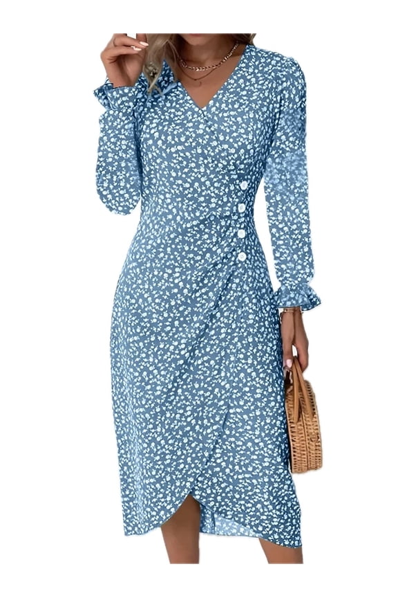 Women's Surplice Midi Dress with Long Sleeve Ruffled Sheer Details Decorative Button 100% Polyester for Everyday Wear