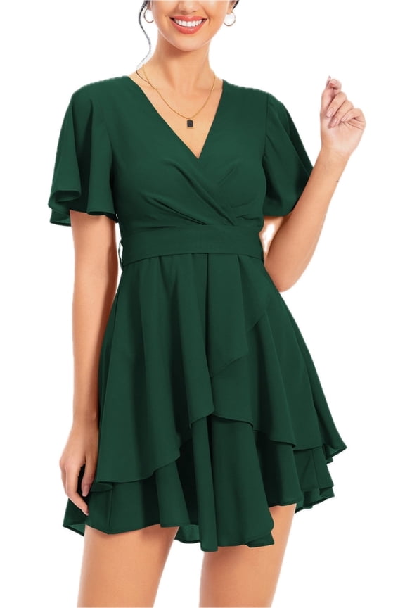 Women's Surplice Neck Flutter Sleeve Dress Solid Floral Layered Hem Flounce Mini Short Sleeve 100% Polyester Fabric