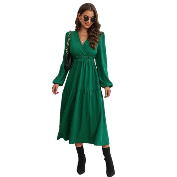 Women's Surplice Neck Long Sleeve Midi Dress For Elegant Everyday Wear Office And Evening 95% Polyester 5% Elastane