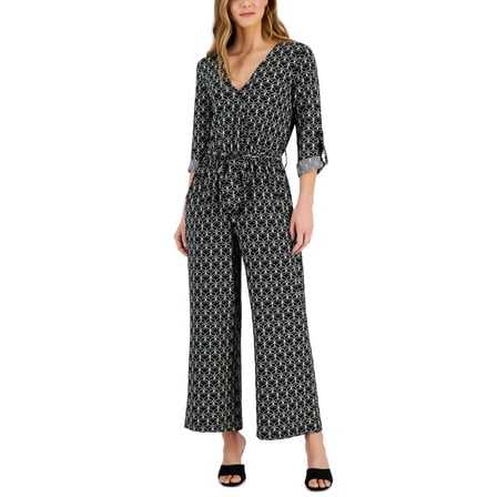 Women's Surplice Tab-Sleeve Jumpsuit Black Ivory L