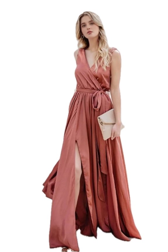 Women's Surplice Tie Waist Maxi Dress 100% Polyester Flowing Silhouette Elegant Flowy Everyday Occasion Ready Chic