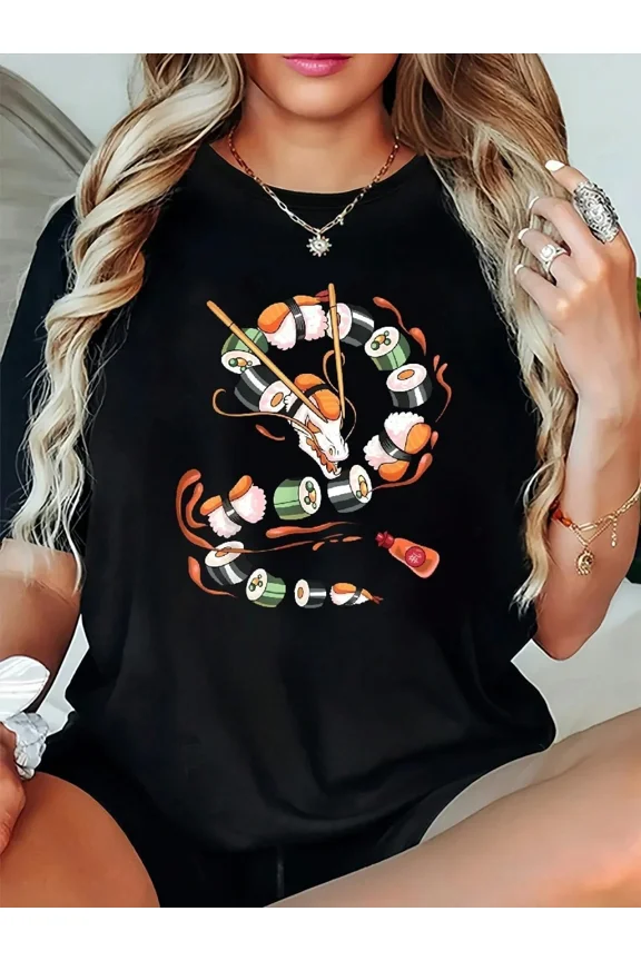 Women's Sushi Dragon Graphic T-Shirt - Japanese Food Art Black Cotton Tee