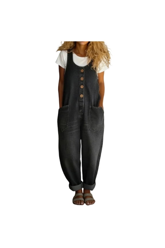 Women's Suspender Strap Loose Denim Bib Overalls Y2k Baggy Distressed Jeans Wide Leg Jumpsuit Pants Black L