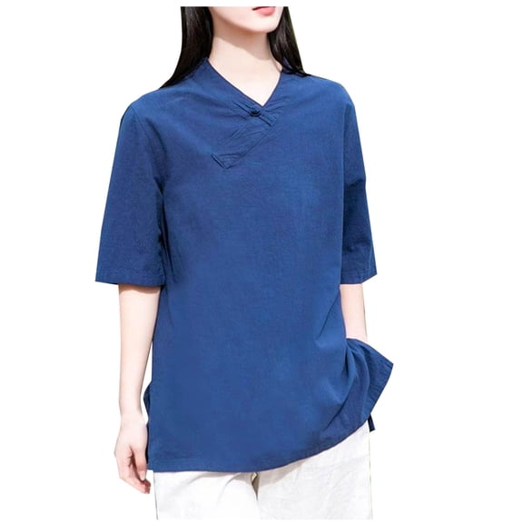 Women's Sustainable Linen-Blend Top V-Neck 3/4 Sleeve Solid Color Eco-Conscious Blouse Natural Breathable Fabric for Women