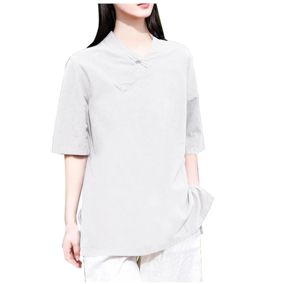 Women's Sustainable Linen-Blend Top V-Neck 3/4 Sleeve Solid Color Eco-Conscious Blouse Natural Breathable Fabric for Women