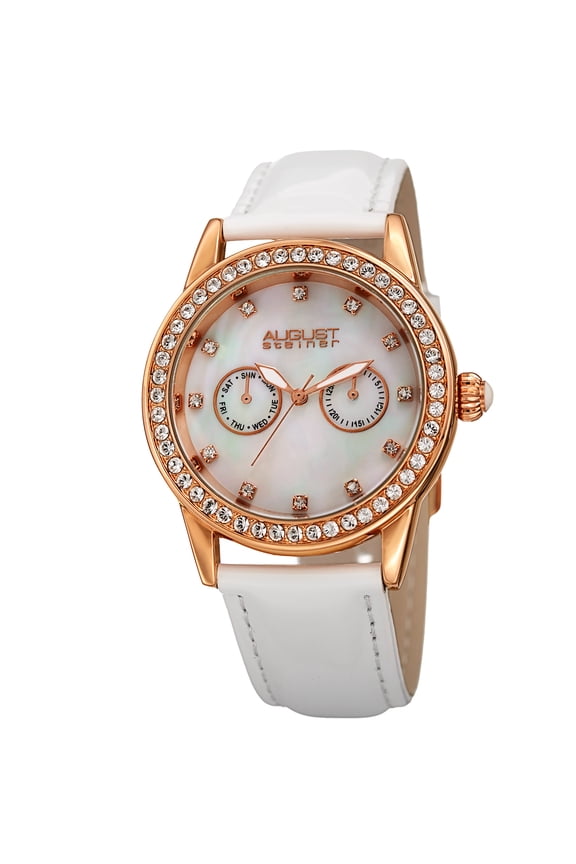 Women's Swarovski Crystal Multifunction Leather Rose-Tone/White Strap Watch