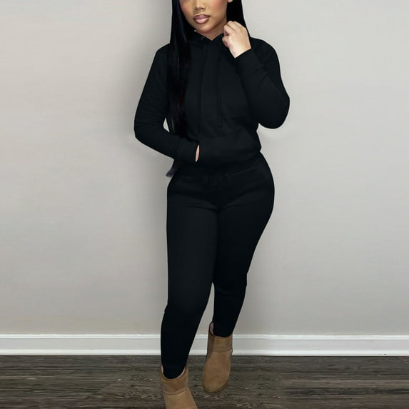 Women's Sweat Suits Plus Size Solid Color Sports Casual Comfortable Fashion Plus Velvet Drawstring Hooded Two-piece Set