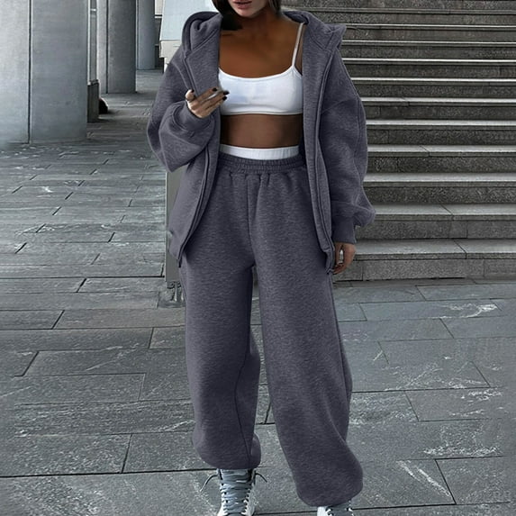 Women's Sweat Suits Two-Piece -Ladies Sweatsuits Sets Hooded Solid Color Cardigan Sweatshirt Leg Binding Set Two-piece Set