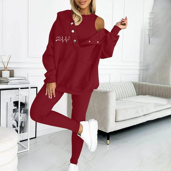 Women's Sweat Suits and Joggers Sets Elastic Waist Size Small Hoodie And Leggings Casual And Comfortable Sweatshirt 3 Piece Suit
