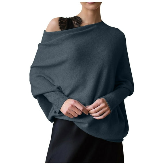 Women's Sweater Boat Neck Long Sleeve Baggy Shirts Solid Off Shoulder Lightweight Sweaters