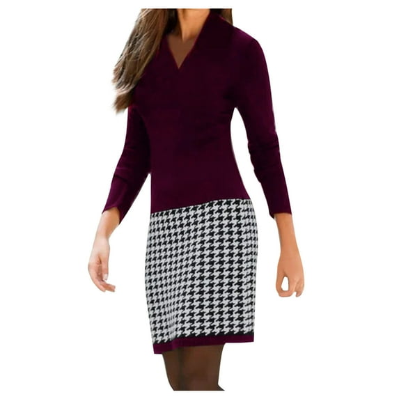 Women's Sweater Bodycon Dress V-neck Vintage Patchwork Plaid Long Sleeve Slim Fit Knit Sweater Dress Cozy Grid Knit Pullover Midi Dress