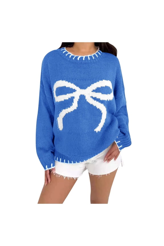 Women's Sweater Bow Print Stripe Color Block Knitted Long Sleeve Crewneck Fall Knitwear