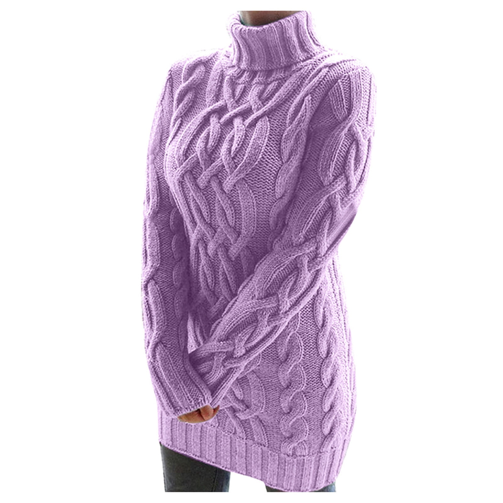 Women's Sweater Cable Knitted Long Sleeve Turtleneck Knitted Mini Dress Casual Slim Lightweight Sweaters
