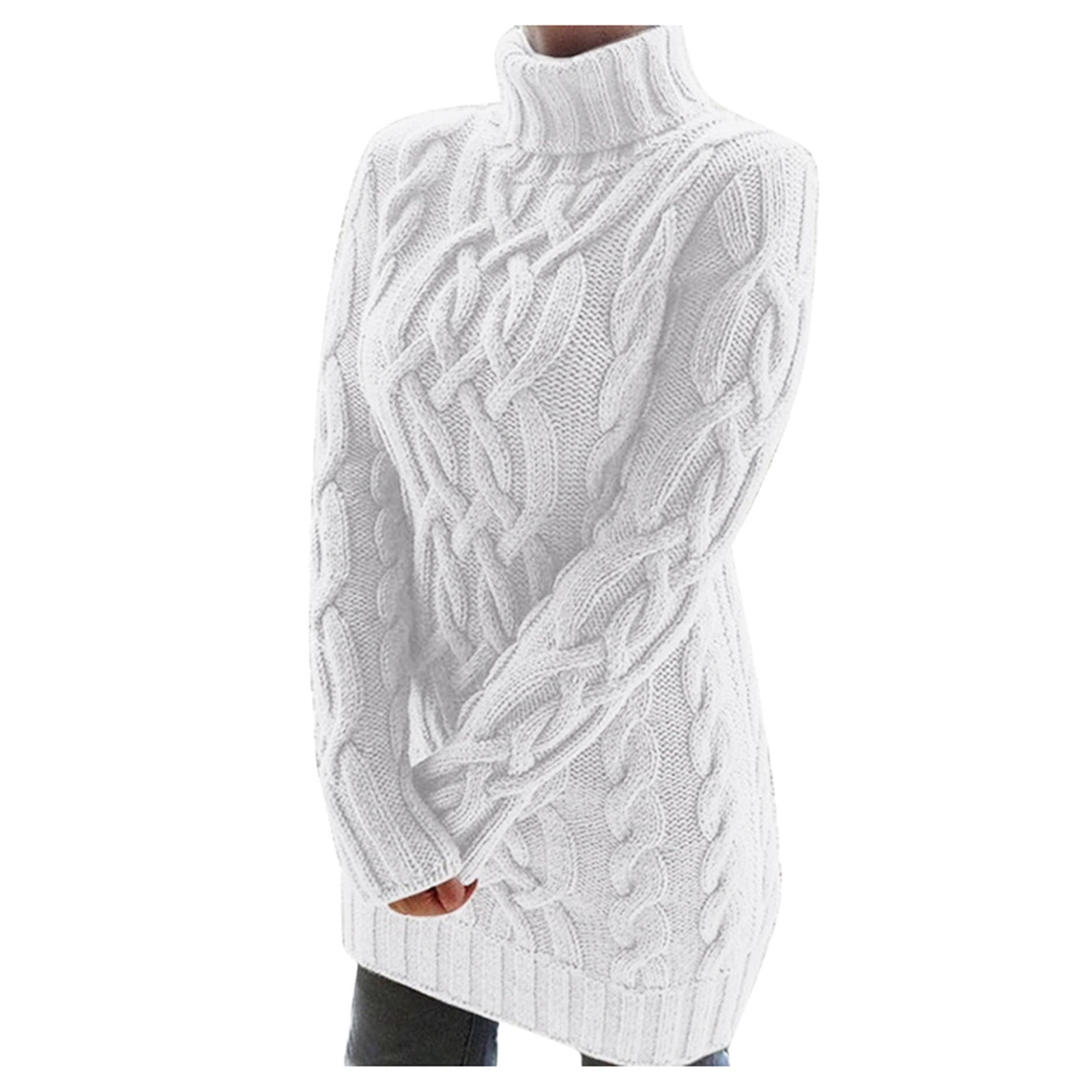 Women's Sweater Cable Knitted Long Sleeve Turtleneck Knitted Mini Dress Casual Slim Pullover Tops