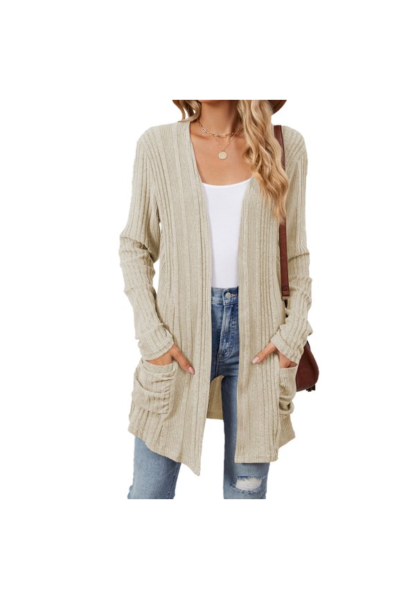 Women's Sweater Cardigan Autumn and Winter New Item Solid Color Pit Stripe Frosted Pocket Cardigan Long Sleeved Jacket