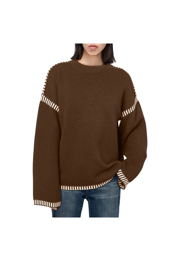 Women's Sweater, Casual Solid Color Long Sleeve Round Neck Pullover, Loose Fit Knit Top with Soft Polyester Blend for Daily Comfort in Winter and Spring