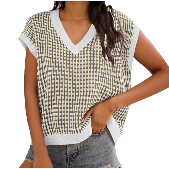 Women's Sweater Casual V Neck Short Sleeve Plaid Knit Vest Loose Fit Pullover Sweaters Top