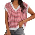 thumbnail image 1 of Women's Sweater Casual V Neck Short Sleeve Plaid Knit Vest Loose Fit Pullover Sweaters Top, 1 of 5
