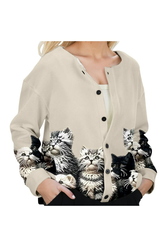Women's Sweater Cat Print Long Sleeve Crew Neck Button Down Oversize Cardigan Jumper Top