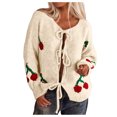 thumbnail image 1 of Women's Sweater Cherry Embroidered Lace Up Cardigan Cute Warm Knitted Winter Sweaters, 1 of 4