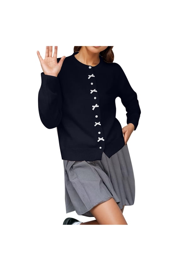 Women's Sweater Coat Korean Style Lightweight Knitted Jacket Round Neck Pearl Button Elegant Spring Autumn Gentle Wind Outerwear