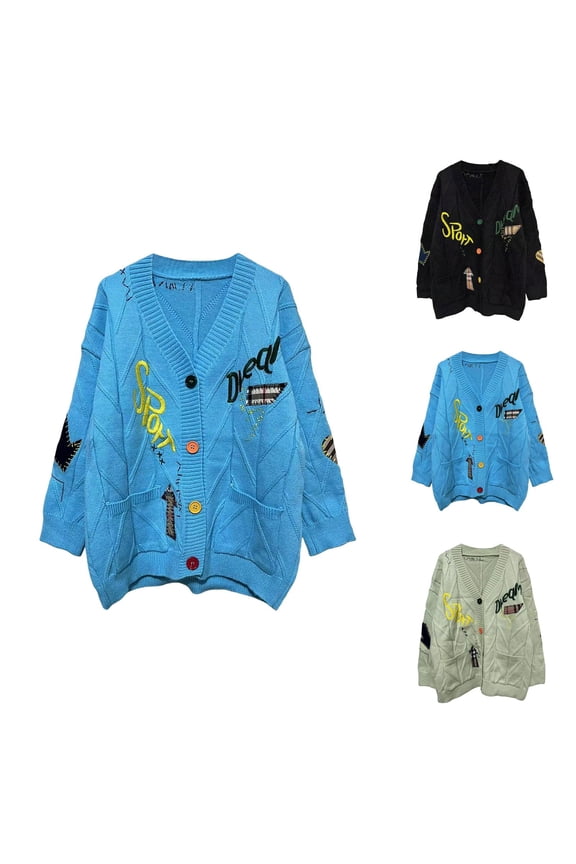 Women’s Sweater Coat, Letter Print Relaxed Cardigan Outerwear for Fall and Winter Casual Wear